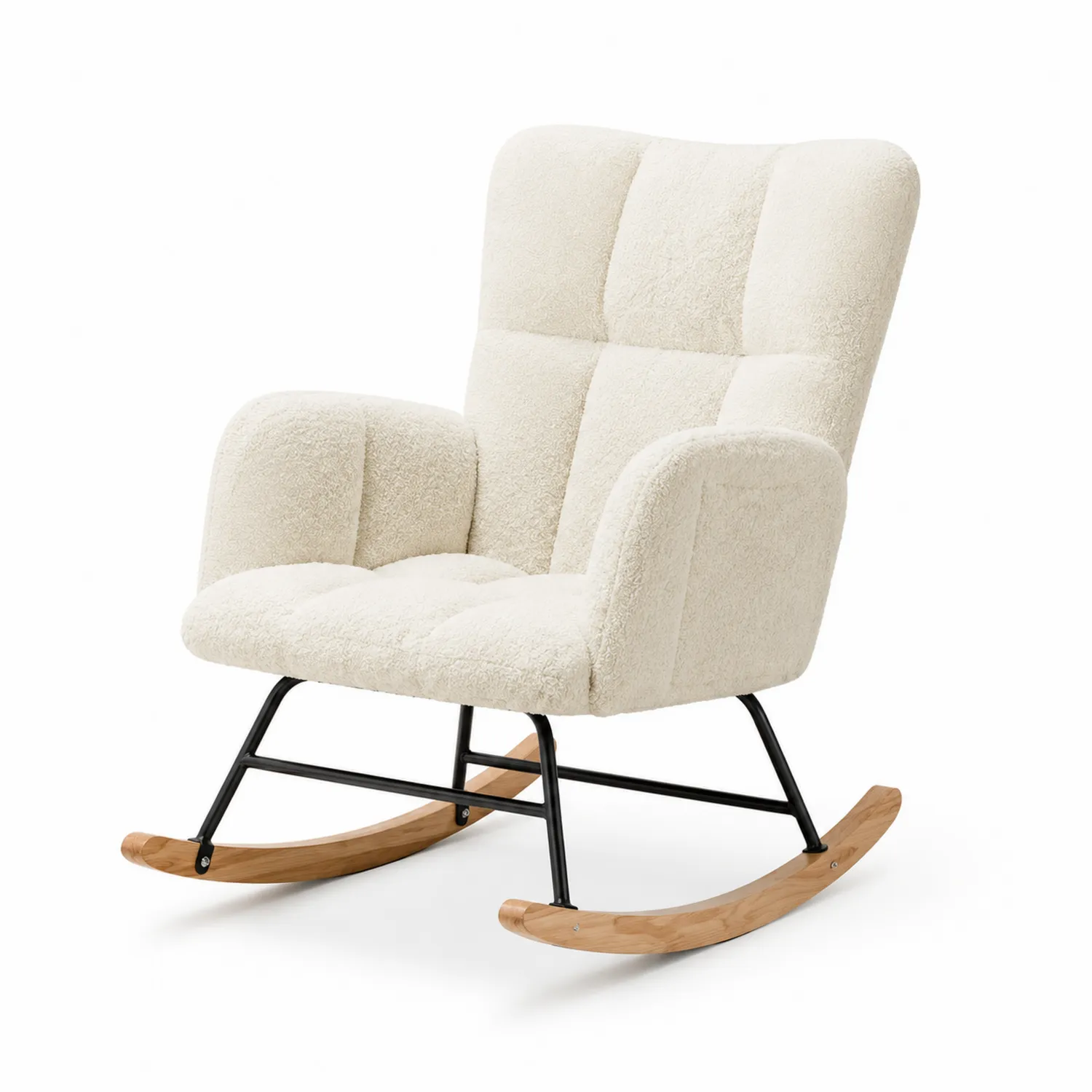 Chaise berçante en tissu bouclé blanc avec cadre en métal et bascules en bois