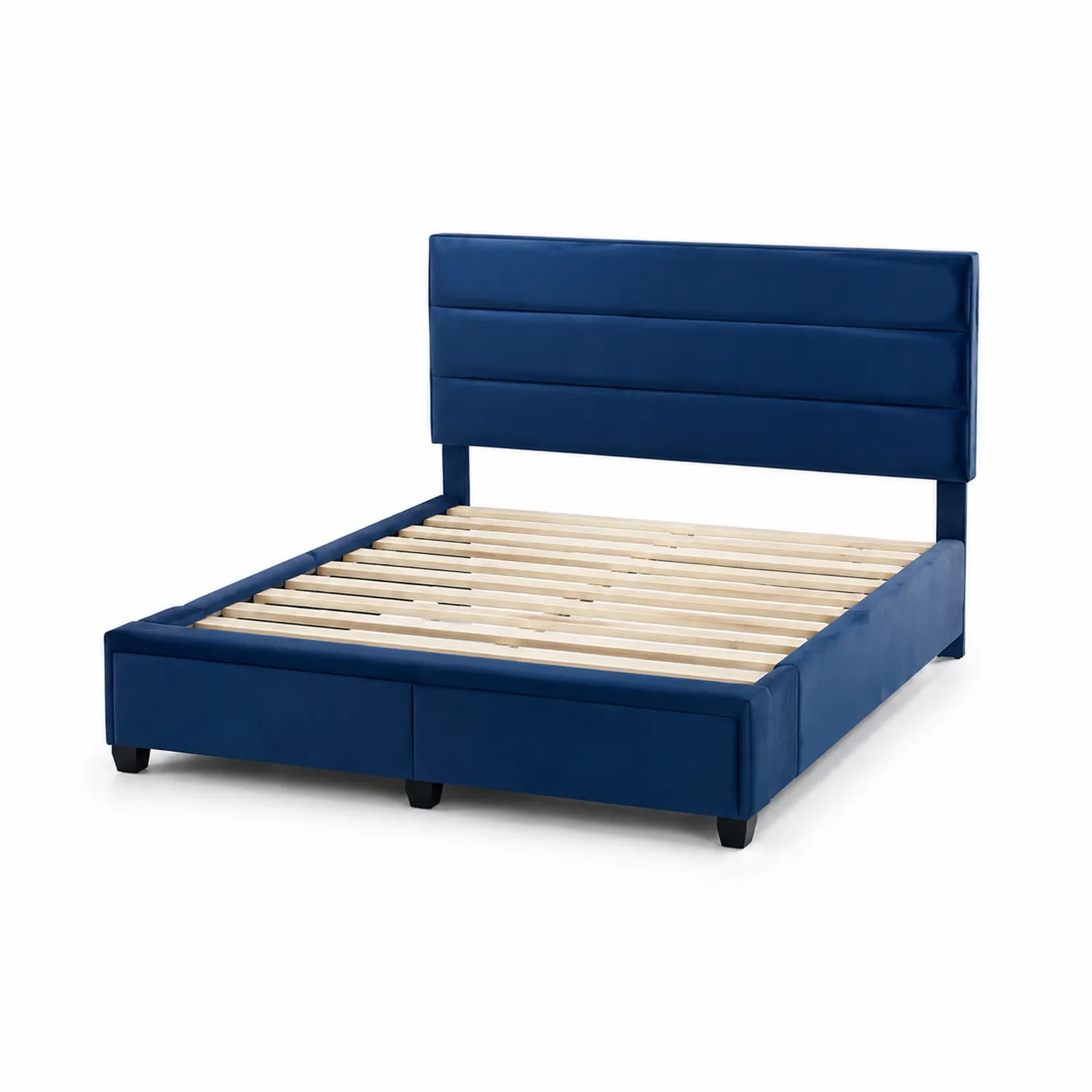 Lit double en velours Bleu avec structure en bois 160x200 cm