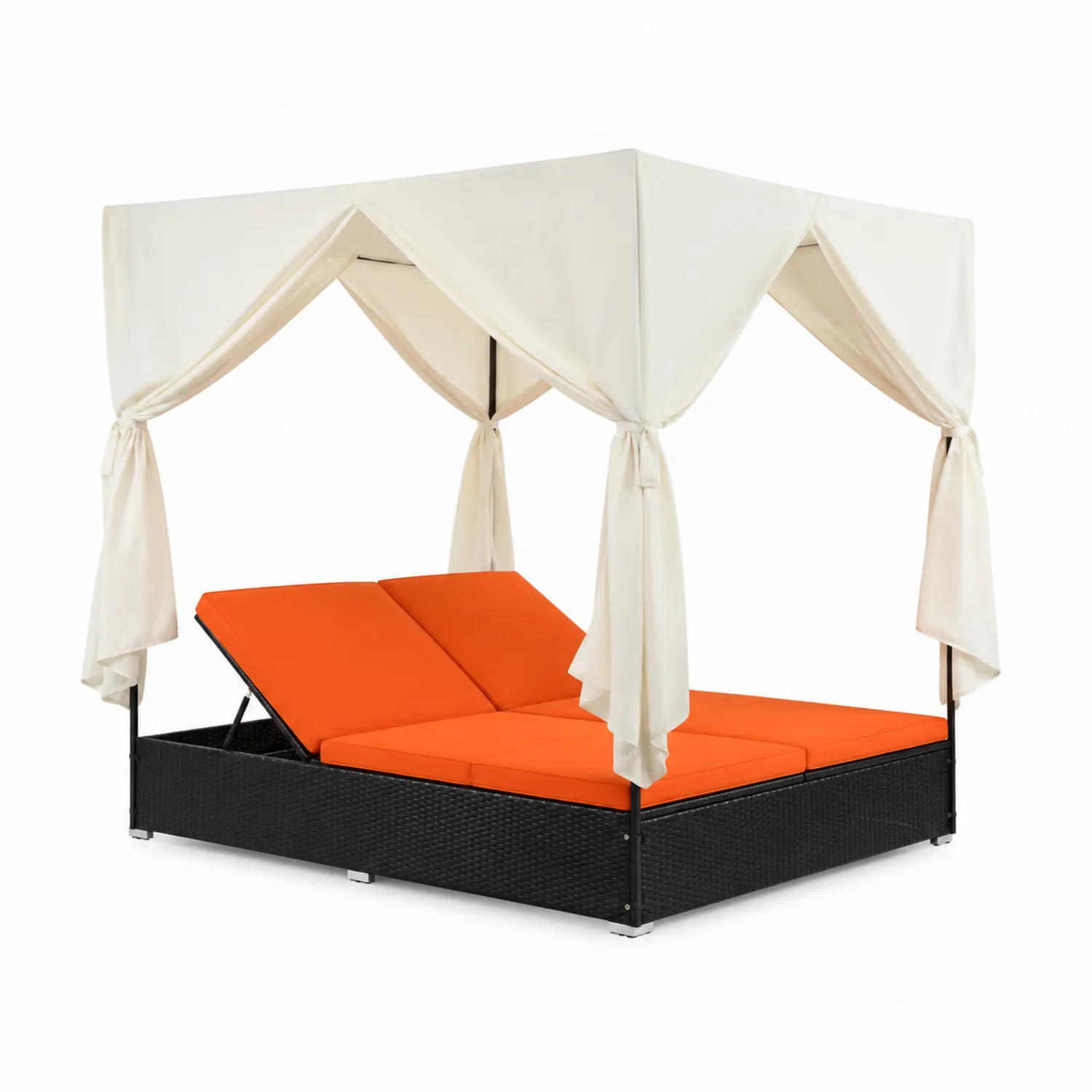 Lit de jardin double en rotin avec auvent et coussins