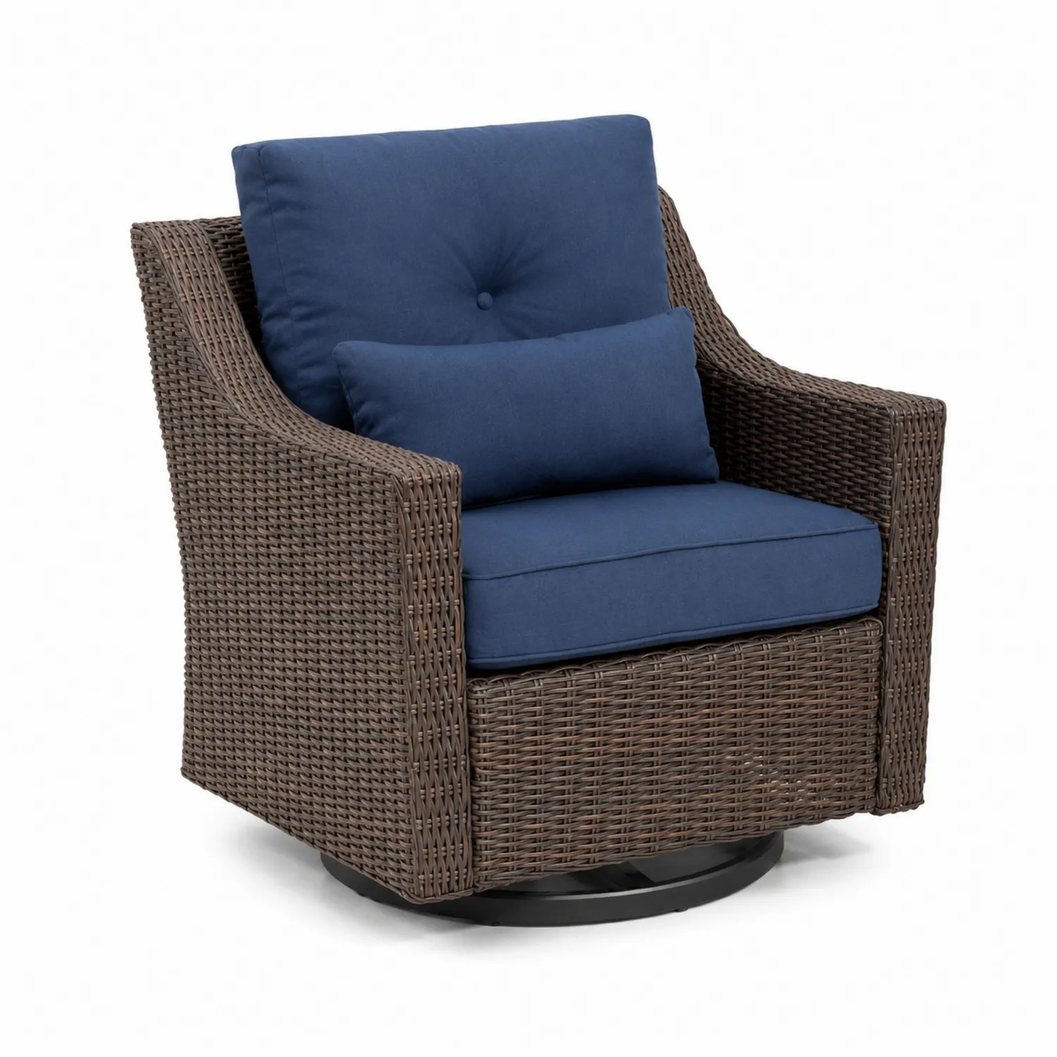 Fauteuil pivotant en résine avec coussins bleus