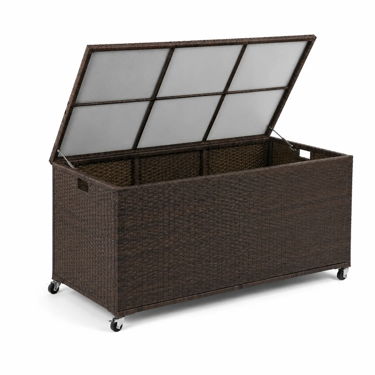 Coffre de rangement en rotin synthétique brun avec roulettes