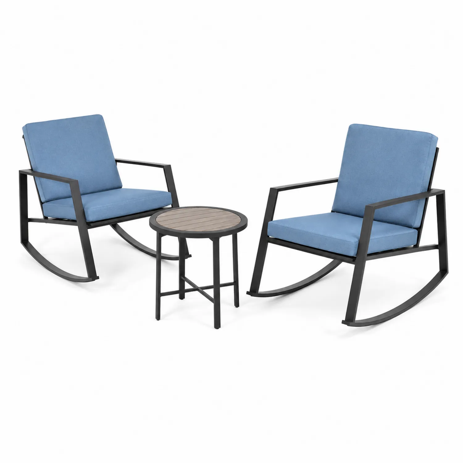 Ensemble de chaises berçantes et table d'appoint en métal et bois composite, Bleu
