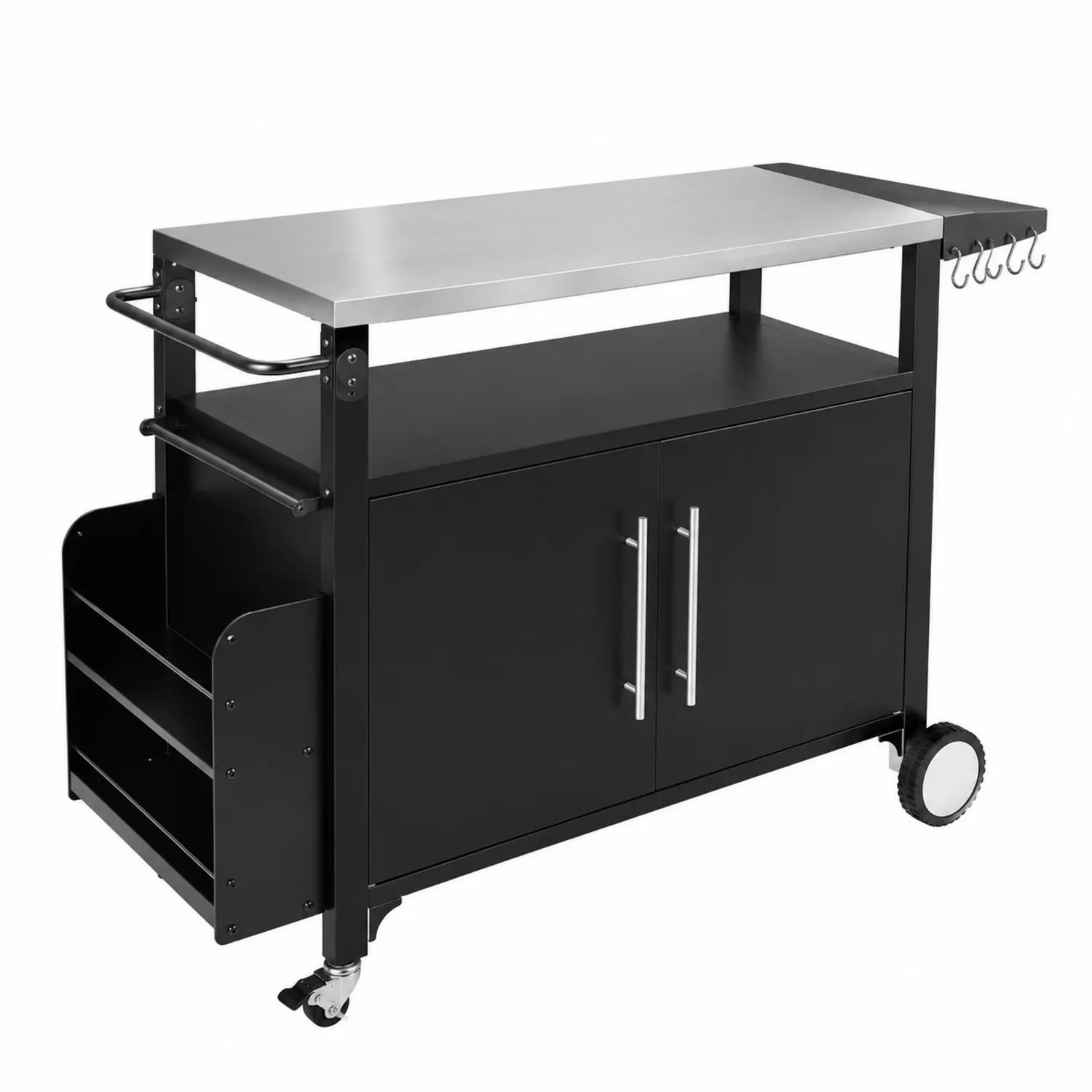 Chariot de cuisine en métal noir avec plateau en acier inoxydable