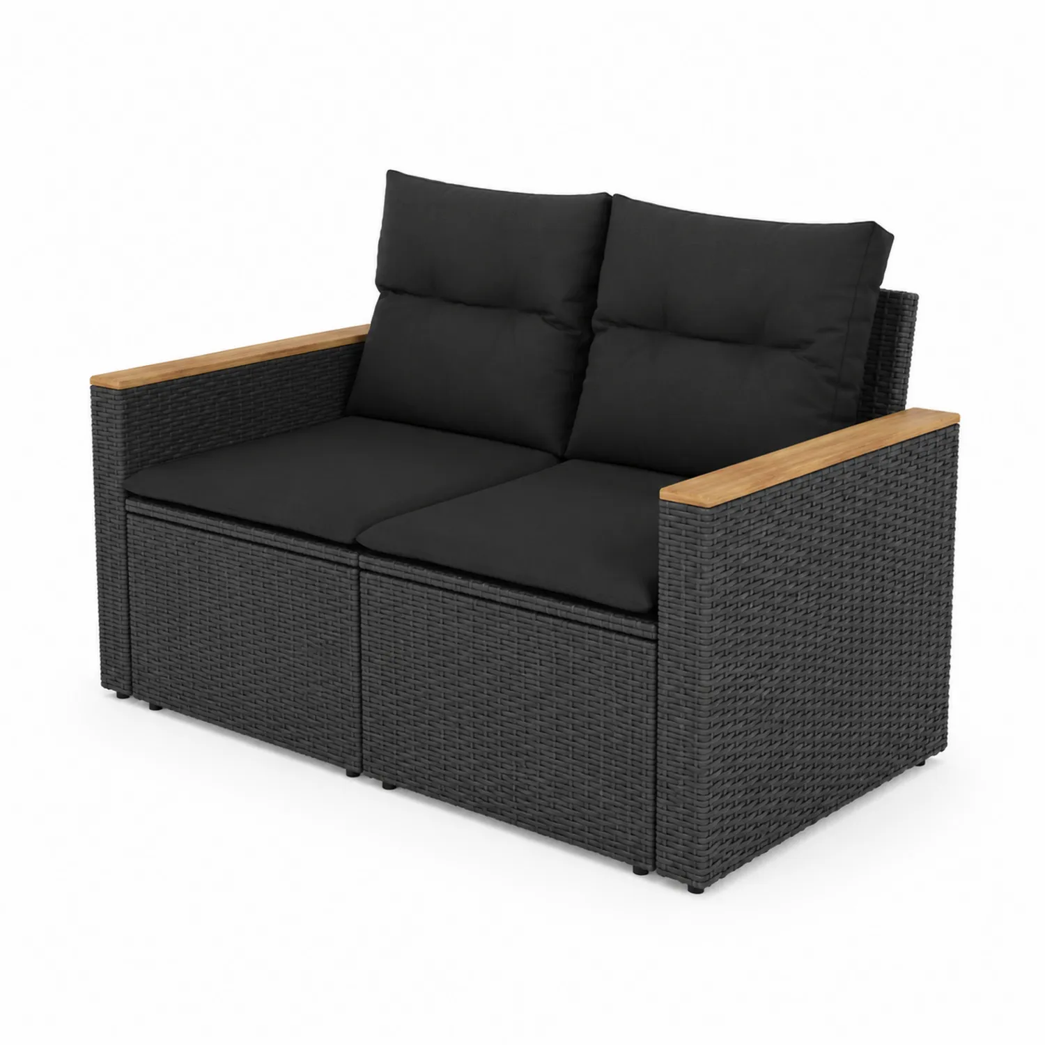 Sofa ogrodowa modułowa 2-osobowa metalowa i rattanowa z drewnianymi podłokietnikami