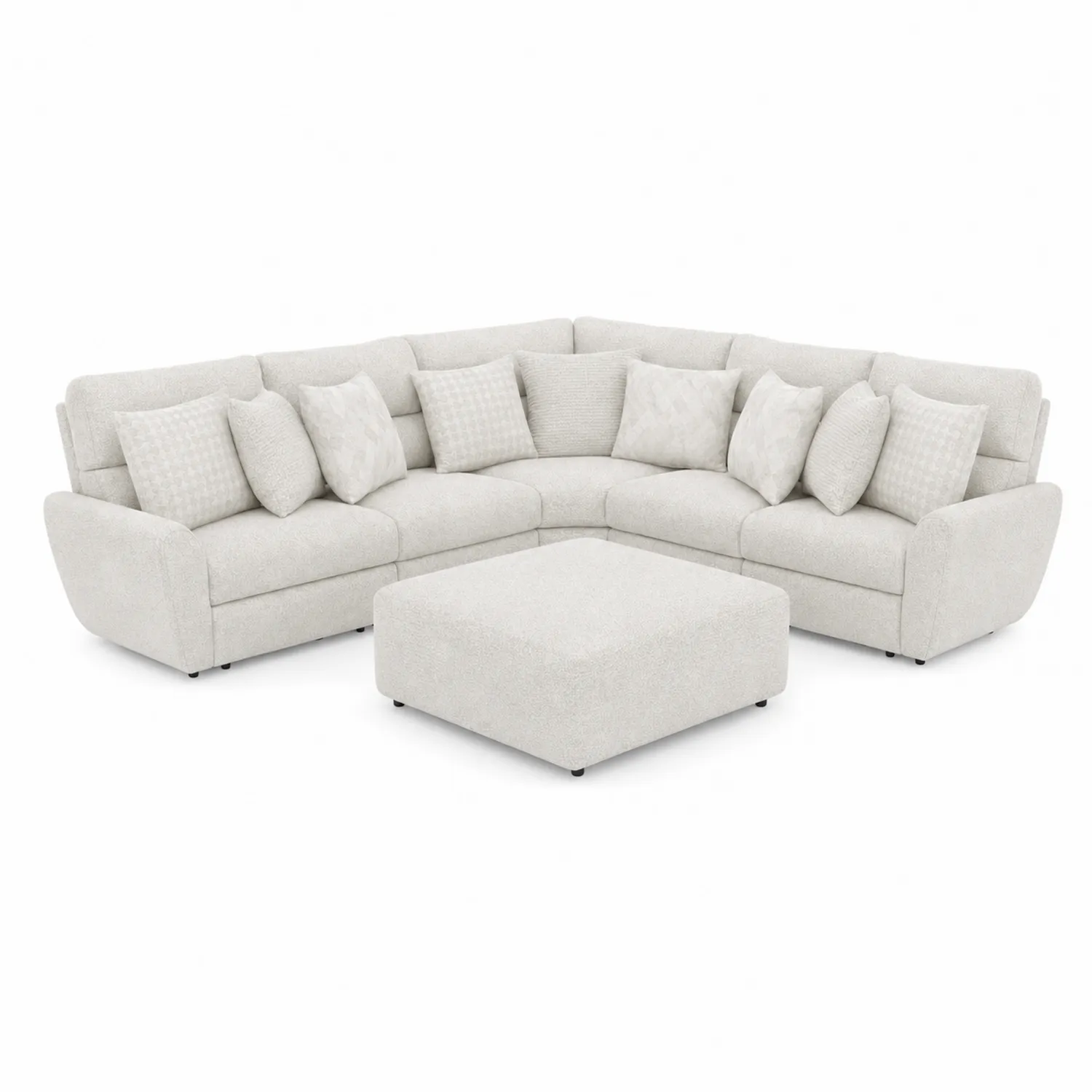 Narożna sofa materiałowa beżowa z pufem
