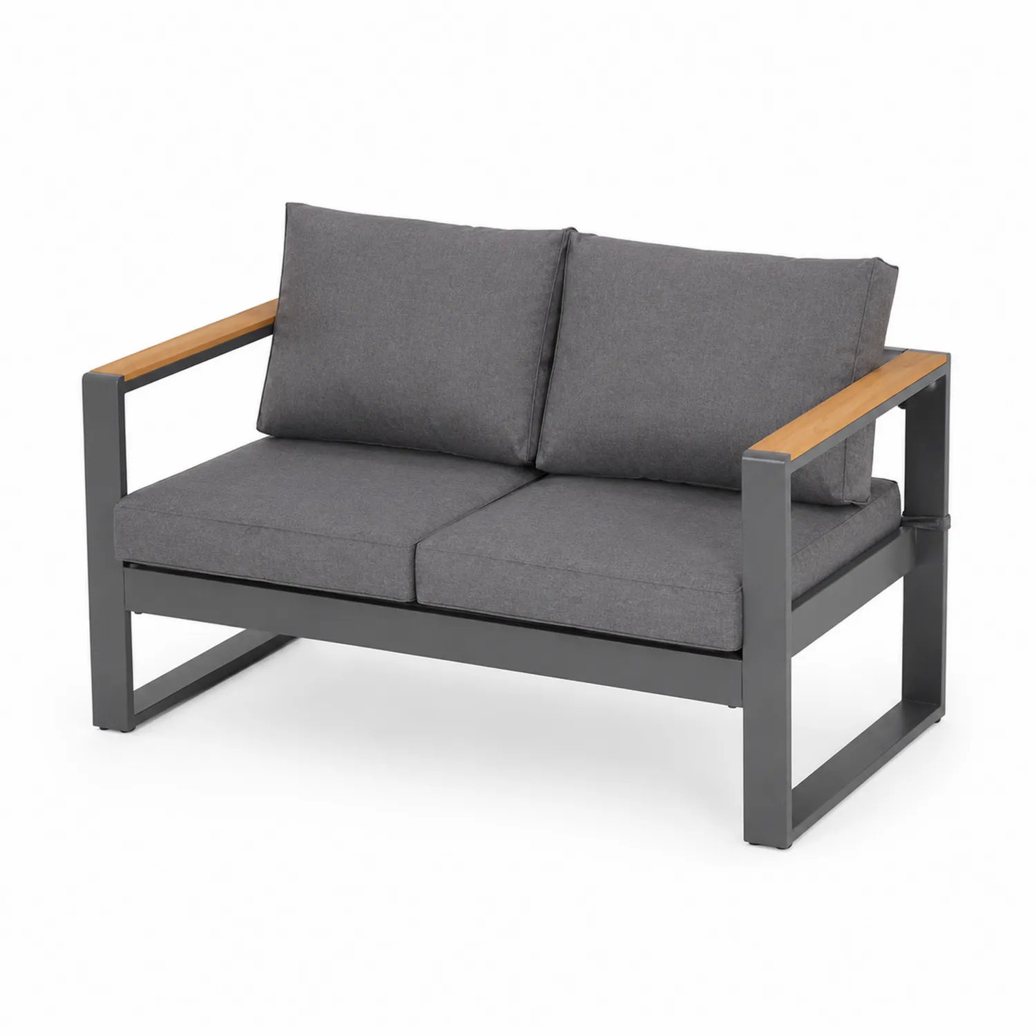 Sofa metalowa z podłokietnikami z drewna tekowego, dwuosobowa, szara