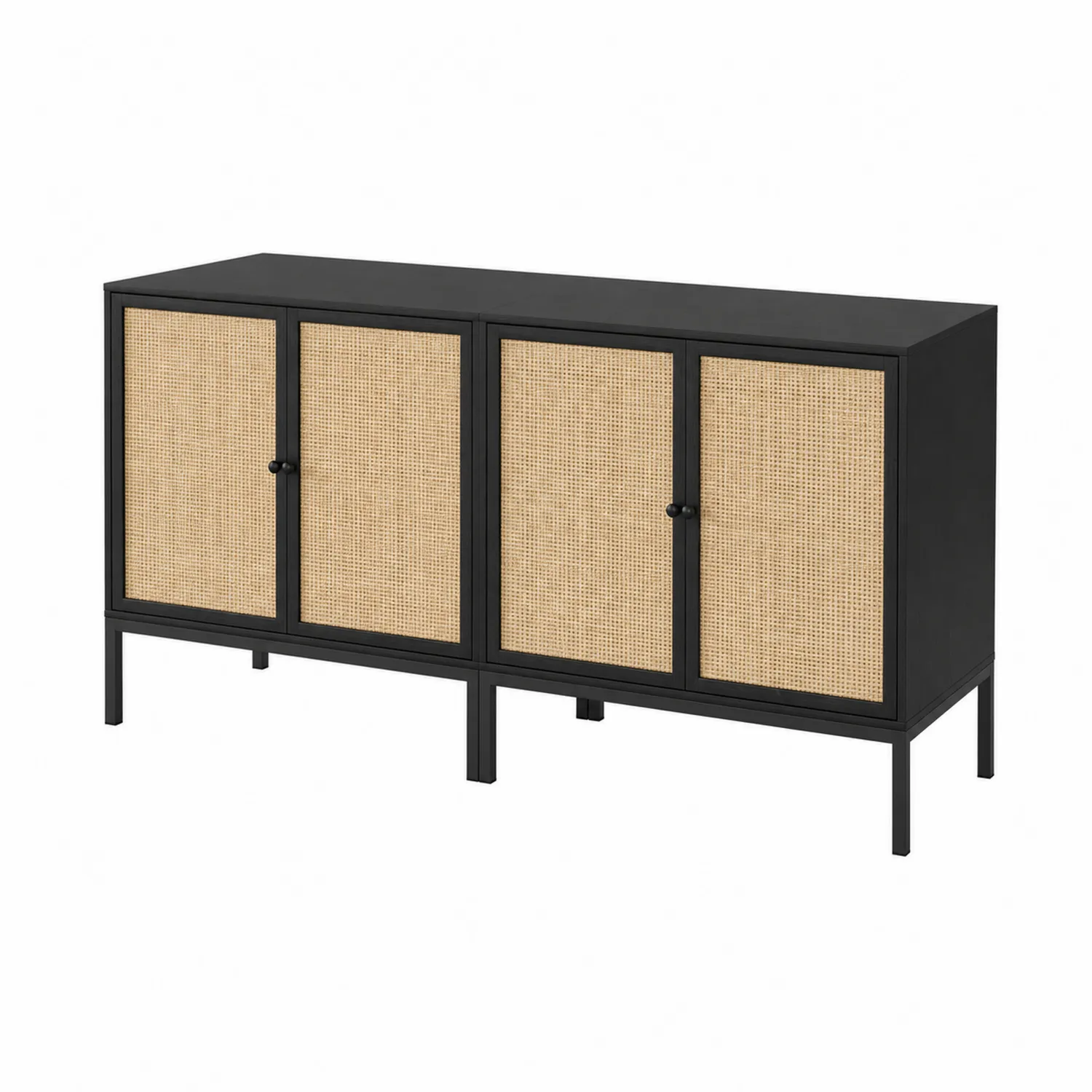 Komoda z czterema drzwiami metalowa i rattanowa czarna 150x40x80 cm