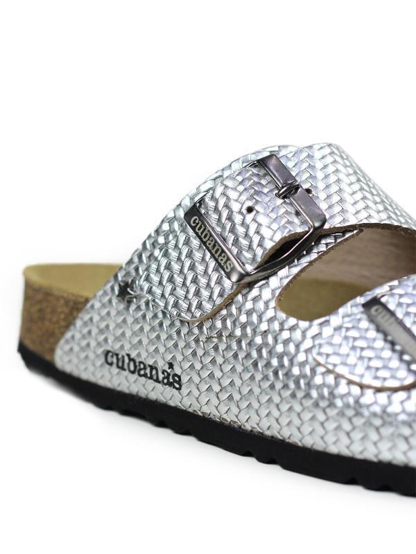 Amalia-Sandal in Silver Textured Leather with Two Straps