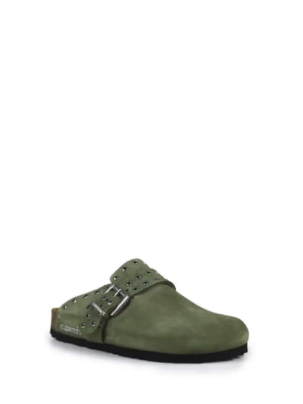 Maria-Closed Suede Sandal with Green Studs