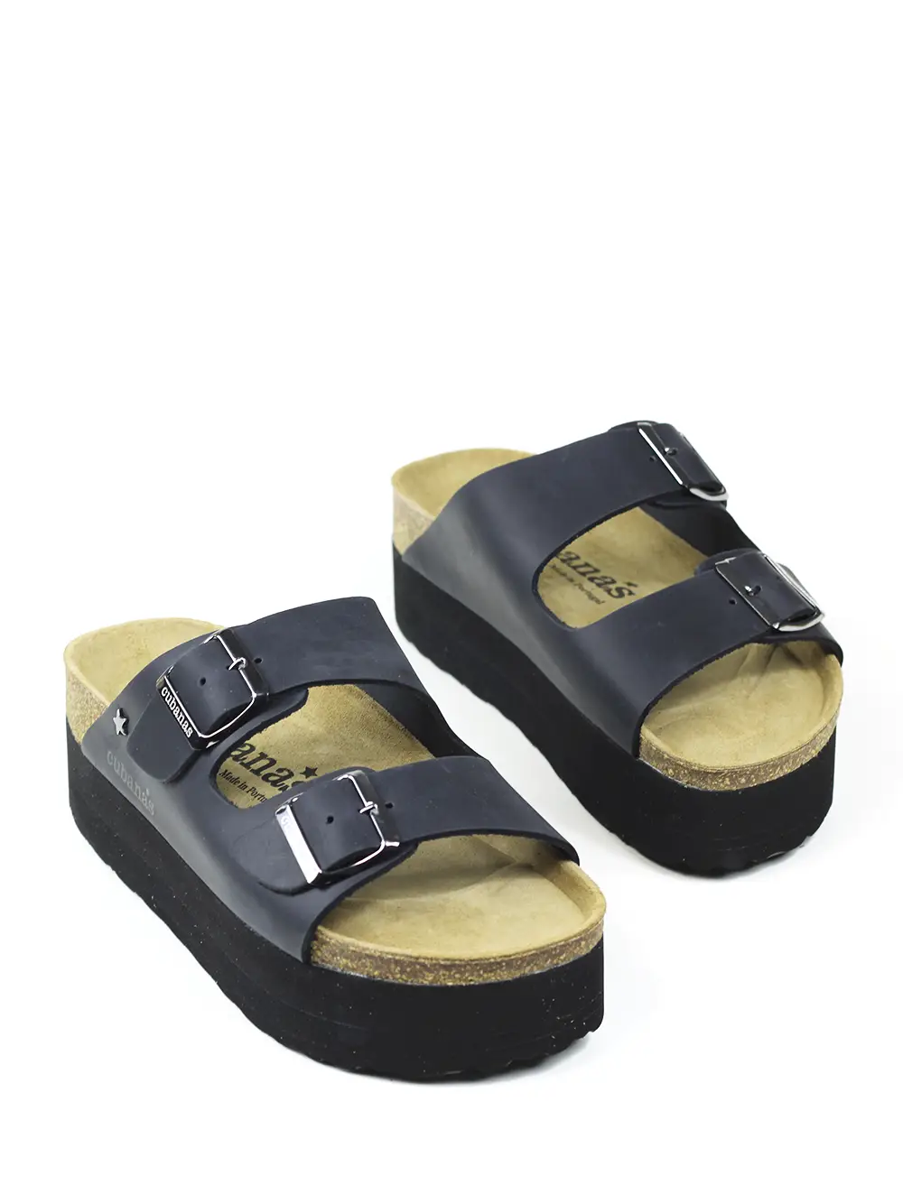 Amalia-Platform Sandal in Black Leather with Two Straps