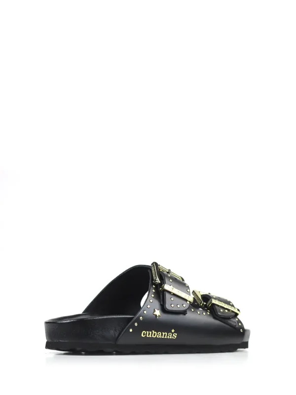 Amalia-Black Leather Sandal with Gold Studs