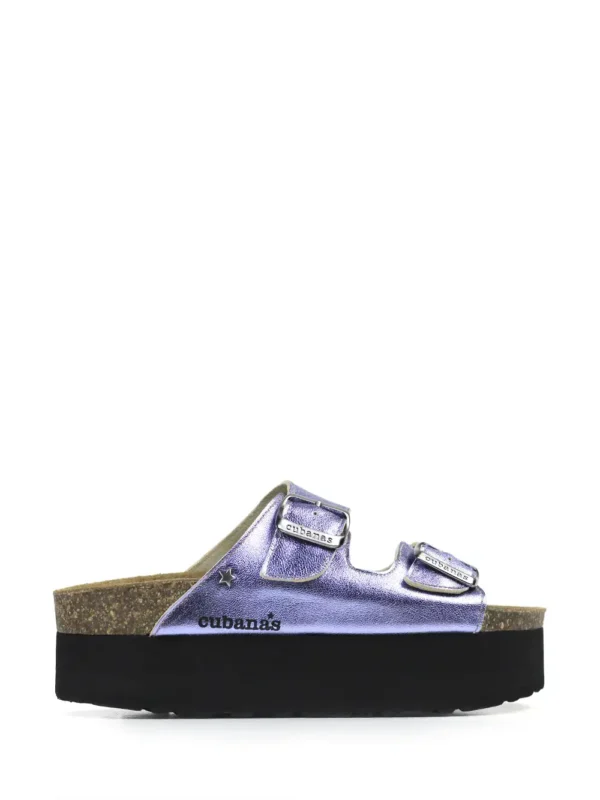 Amalia-Platform Sandal in Purple Metallic Leather with Two Straps