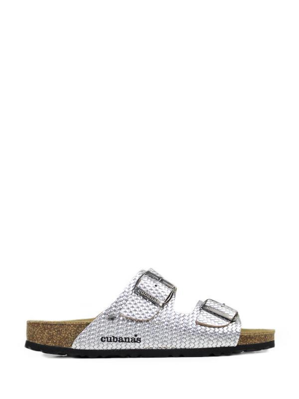 Amalia-Sandal in Silver Textured Leather with Two Straps