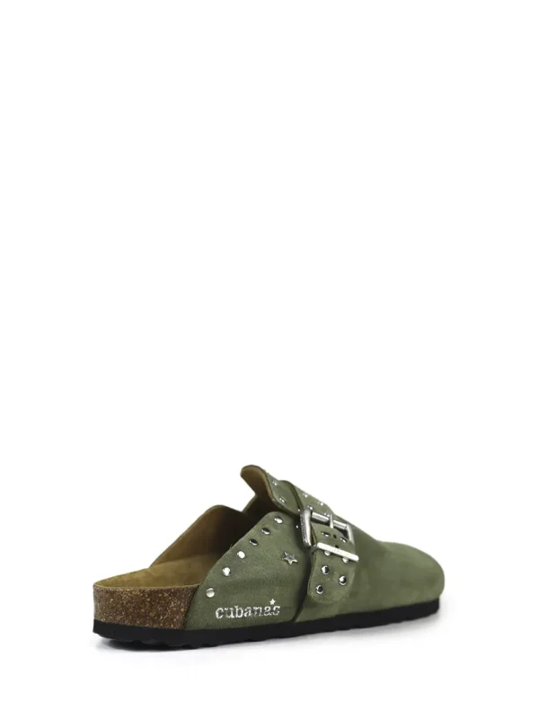 Maria-Closed Suede Sandal with Green Studs