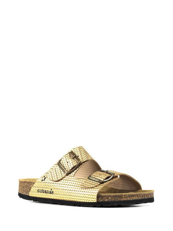 Amalia-Sandal in Gold Textured Leather with Two Straps