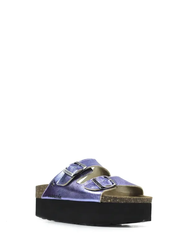 Amalia-Platform Sandal in Purple Metallic Leather with Two Straps