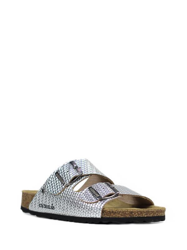 Amalia-Sandal in Silver Textured Leather with Two Straps