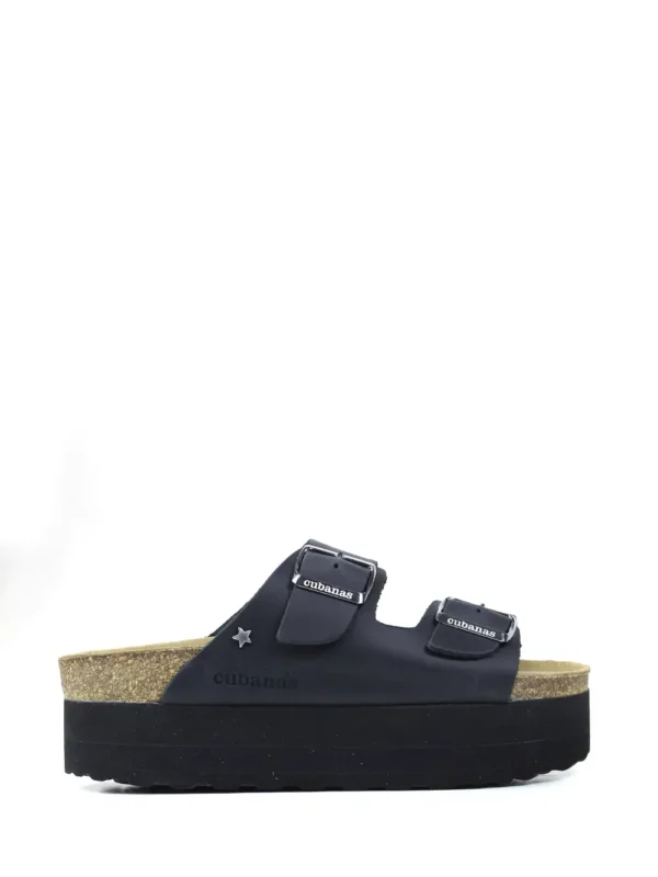 Amalia-Platform Sandal in Black Leather with Two Straps