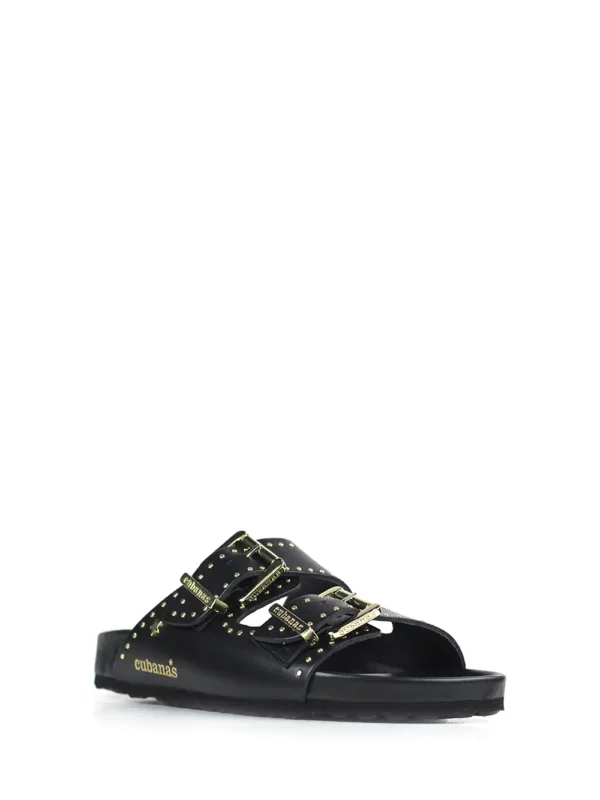 Amalia-Black Leather Sandal with Gold Studs
