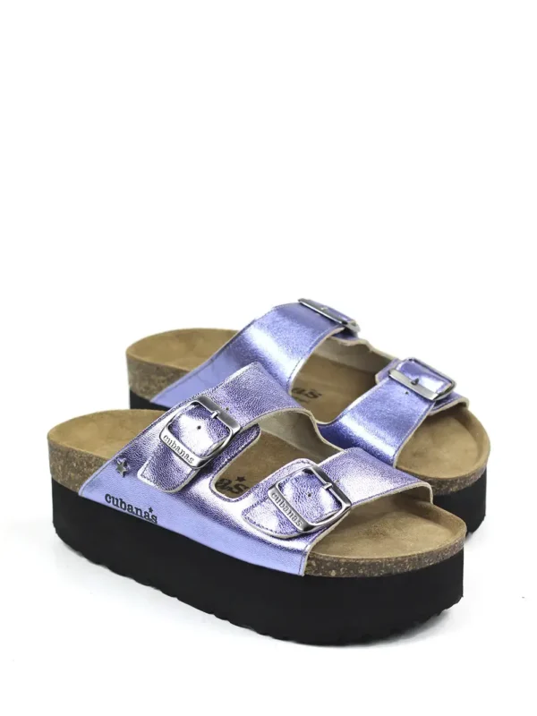 Amalia-Platform Sandal in Purple Metallic Leather with Two Straps