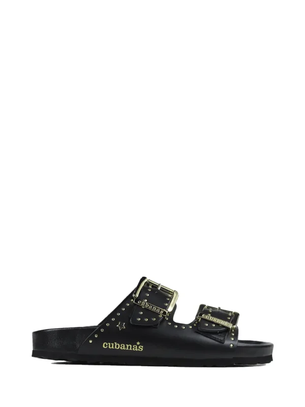 Amalia-Black Leather Sandal with Gold Studs