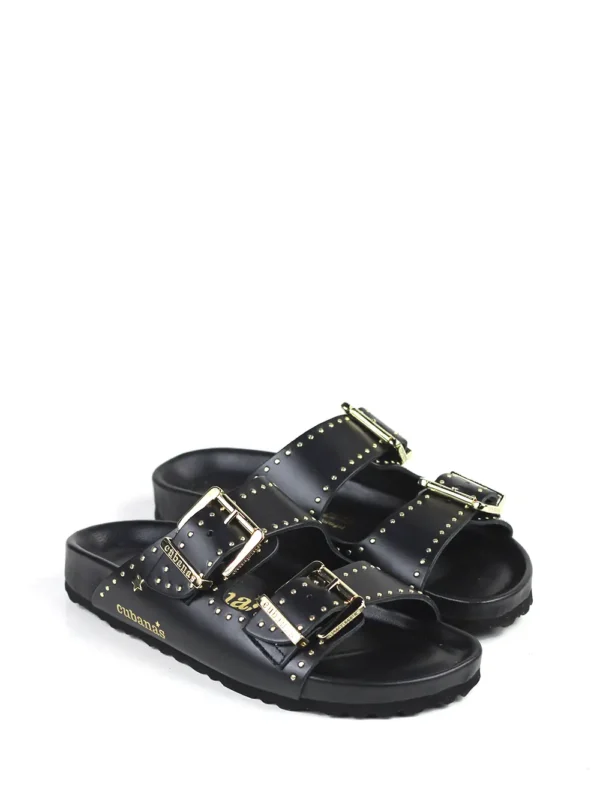 Amalia-Black Leather Sandal with Gold Studs