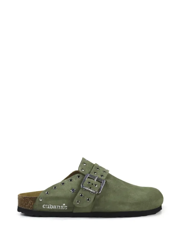 Maria-Closed Suede Sandal with Green Studs