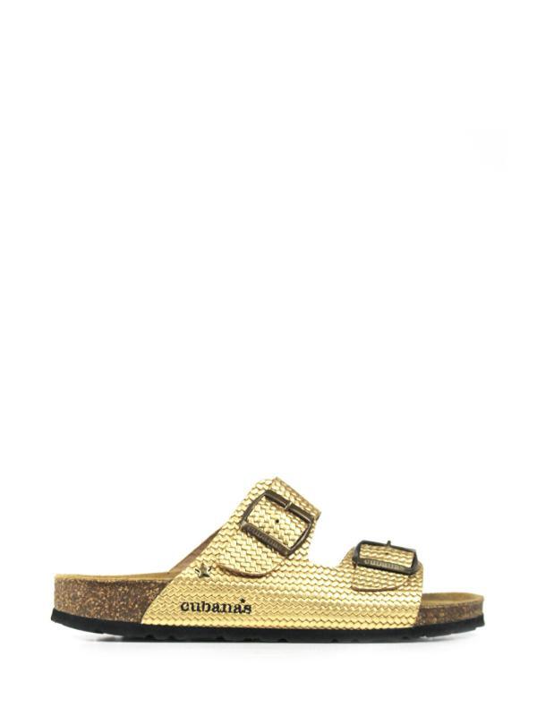 Amalia-Sandal in Gold Textured Leather with Two Straps