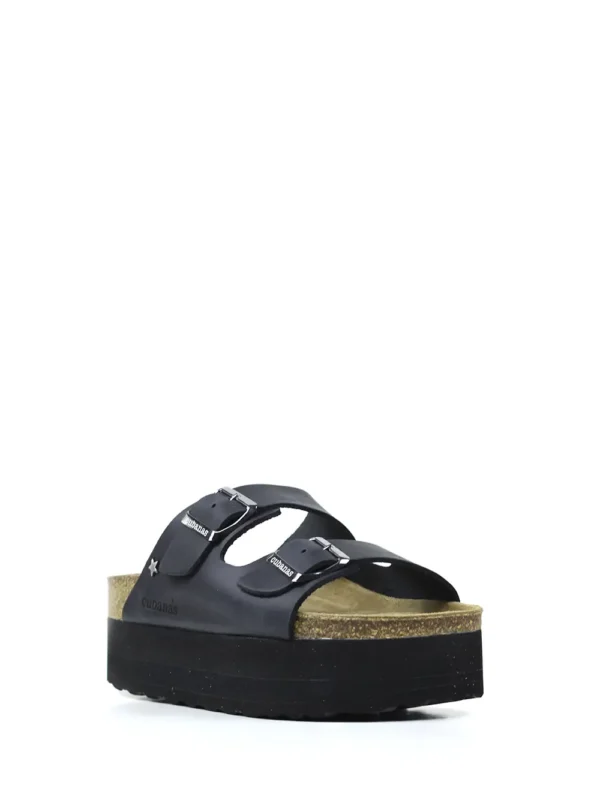 Amalia-Platform Sandal in Black Leather with Two Straps