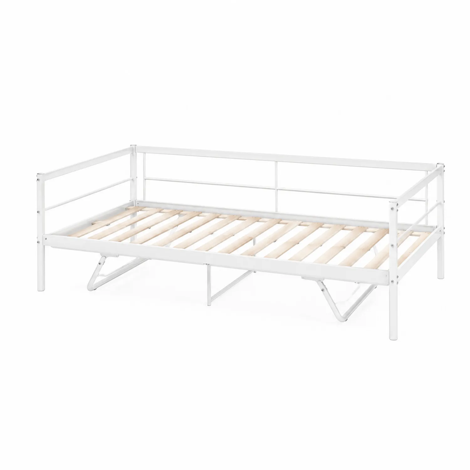 Łóżko dzienne metalowe białe z drewnianymi listwami 200x90x80 cm