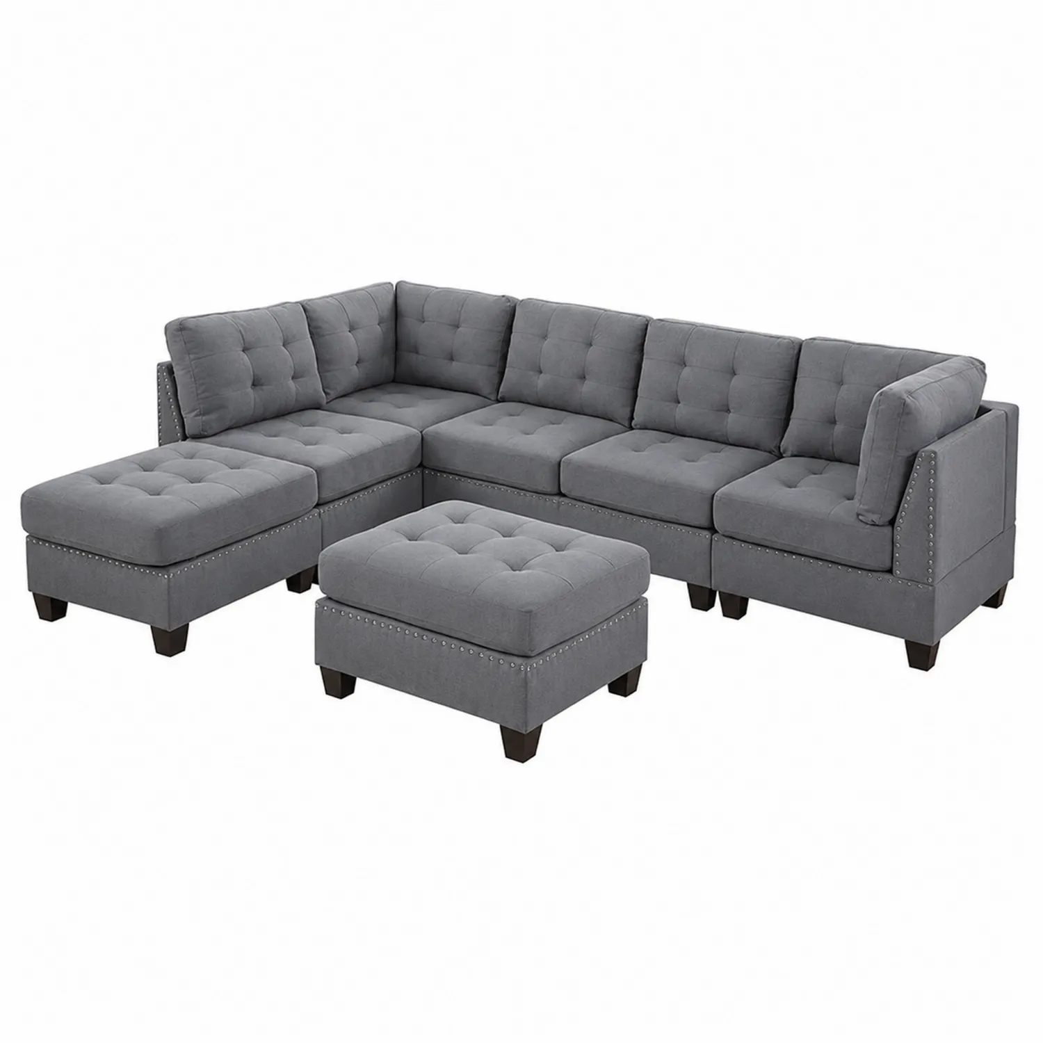 Szara sofa modułowa z podnóżkiem, tkanina poliestrowa