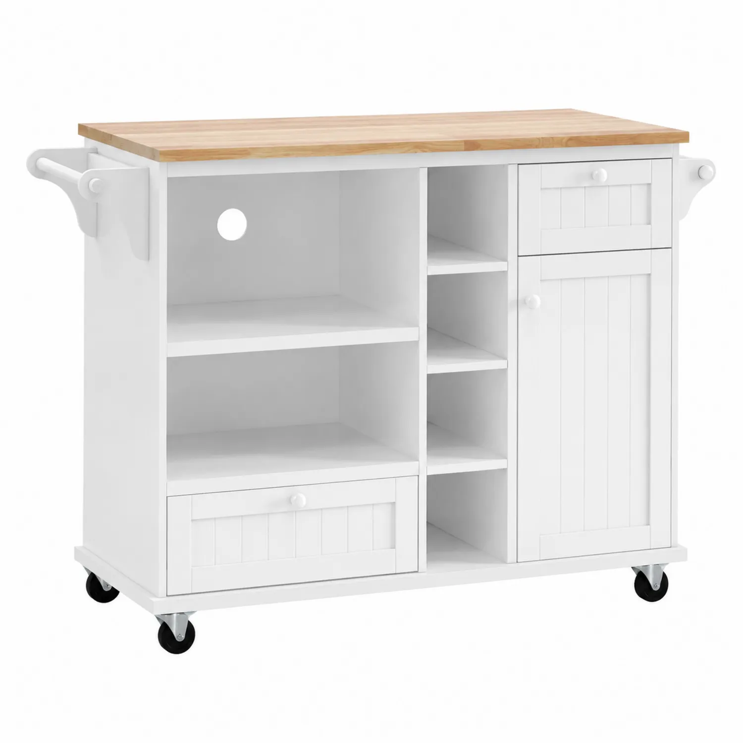 Kuchenna wyspa na kółkach z drewnianym blatem z sosny i MDF 90x50x85 cm