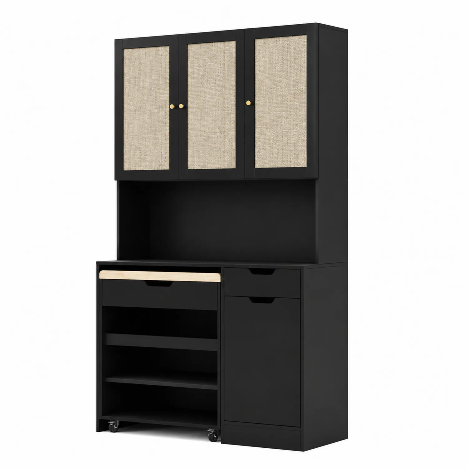 Czarna szafka kuchenna z płyty MDF i rattanu z półkami 180x80x45 cm