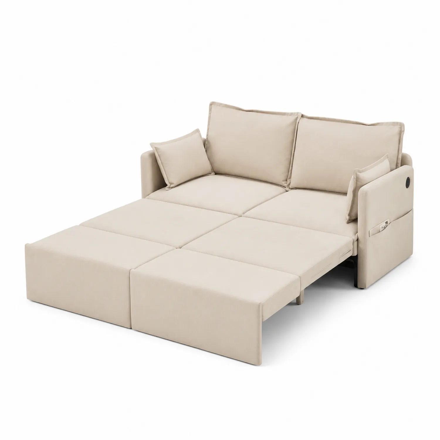 Dwuosobowa sofa rozkładana z tkaniny beżowej 205x140 cm z portem USB