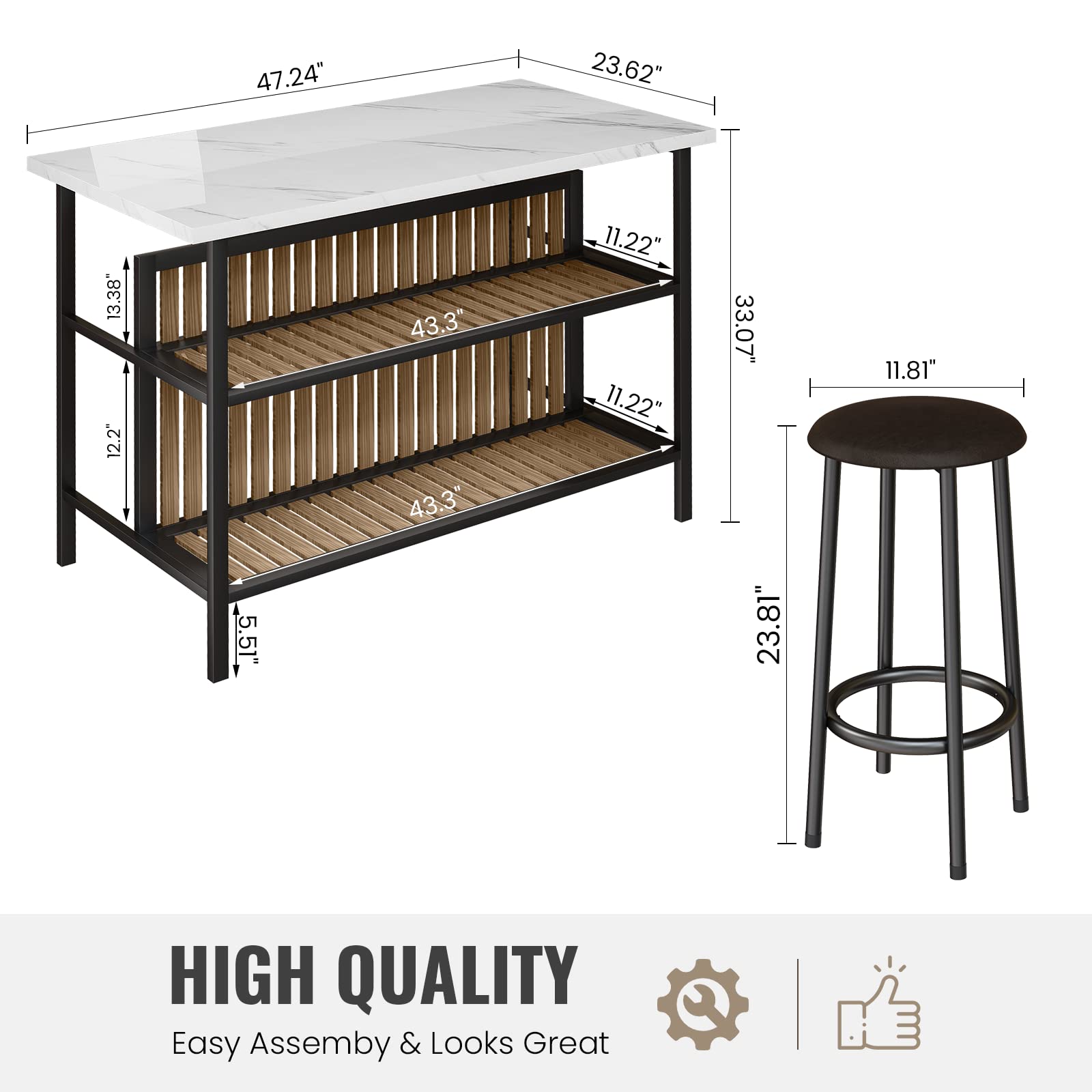 AWQM Isla de cocina con asiento y estante de almacenamiento, mesa de isla de mármol sintético para cocina, mesa de bar moderna y sillas para 2, juego de mesa de comedor para espacios pequeños, color