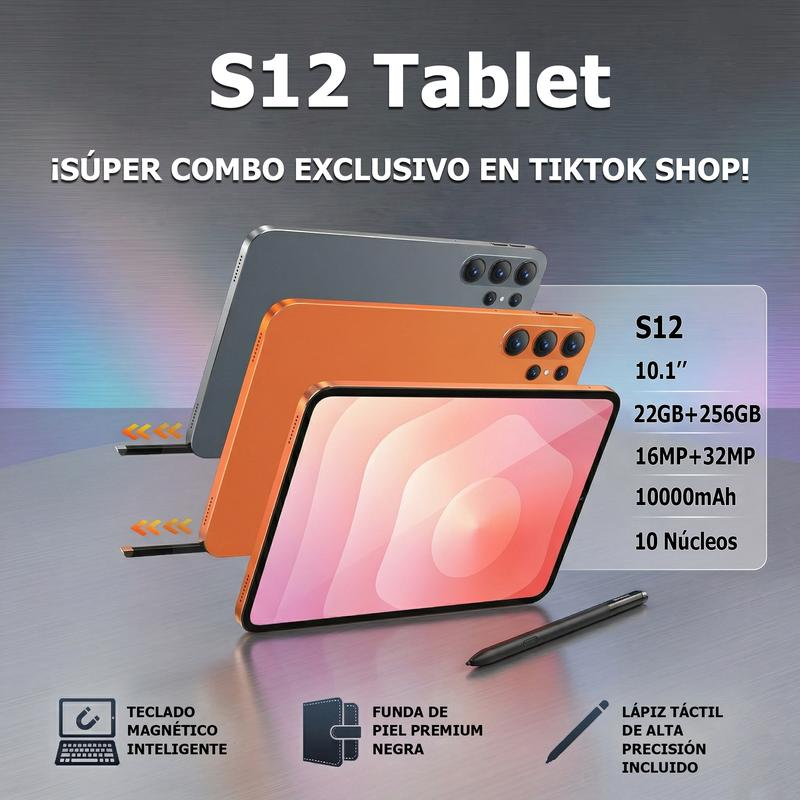 Tableta S12: pantalla de 10,1”, 22GB+256GB, cámara 16MP+32MP, batería de 10000mAh y procesador de 10 núcleos. Incluye teclado magnético inteligente, funda de piel premium y lápiz táctil de alta precisión.