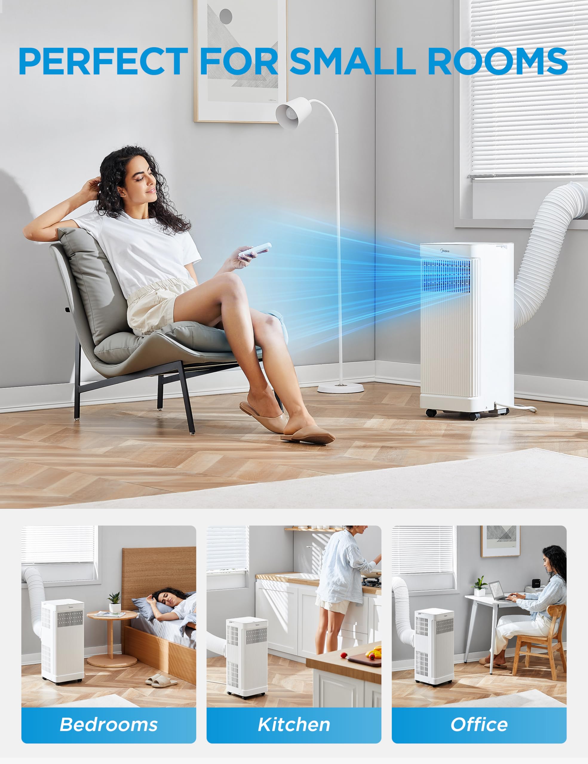 Midea - Aire acondicionado portátil de 10,000 BTU ASHRAE (7,100 BTU SACC), control inteligente, enfría hasta 300 pies cuadrados, con deshumidificador y modo ventilador, control remoto fácil de usar y