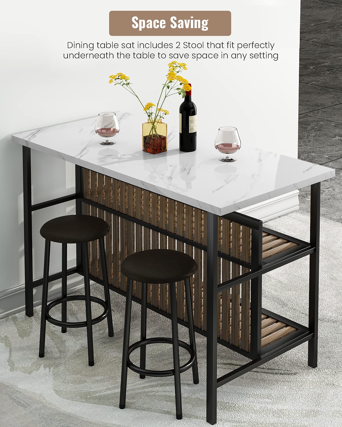 AWQM Isla de cocina con asiento y estante de almacenamiento, mesa de isla de mármol sintético para cocina, mesa de bar moderna y sillas para 2, juego de mesa de comedor para espacios pequeños, color