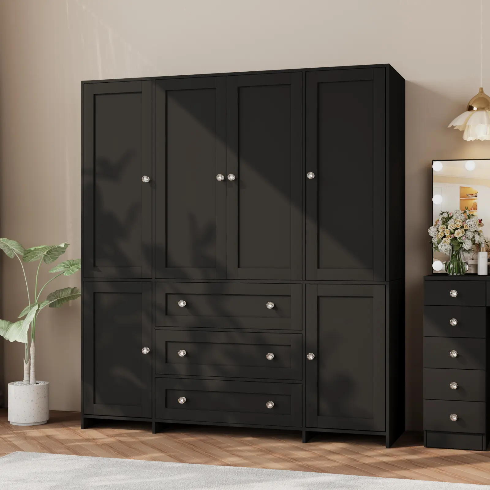 Armario alto de madera de 4 puertas para dormitorio, organizador con amplios cajones, espejo, barras para colgar ropa y estantes. Armario para guardar ropa en el dormitorio.
