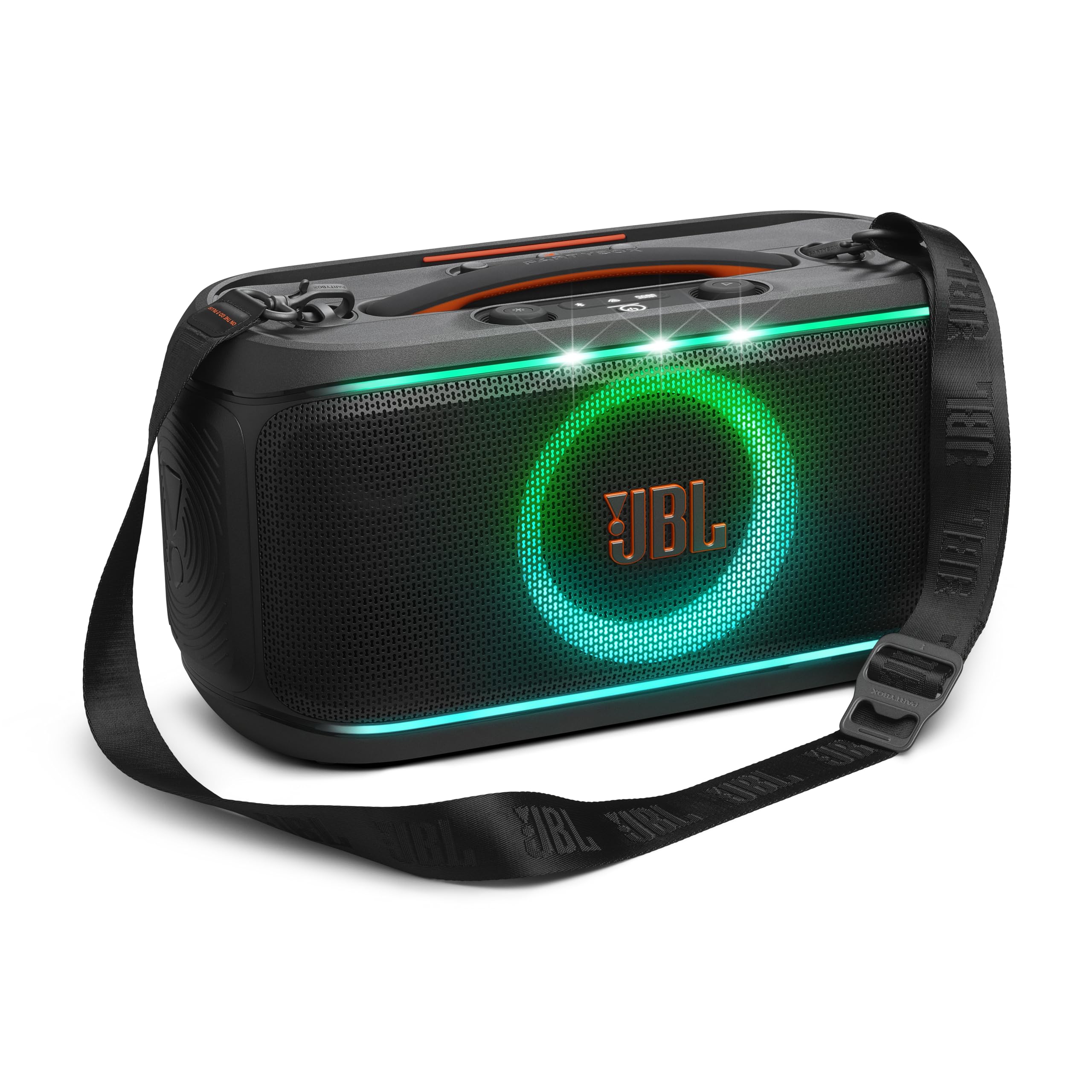 JBL PartyBox On-The-Go 2 - Altavoz portátil para fiestas con un micrófono digital inalámbrico, mango y correa para el hombro, espectáculo de luces dinámico, hasta 15 horas de reproducción, a prueba de salpicaduras y Auracast™ (negro)