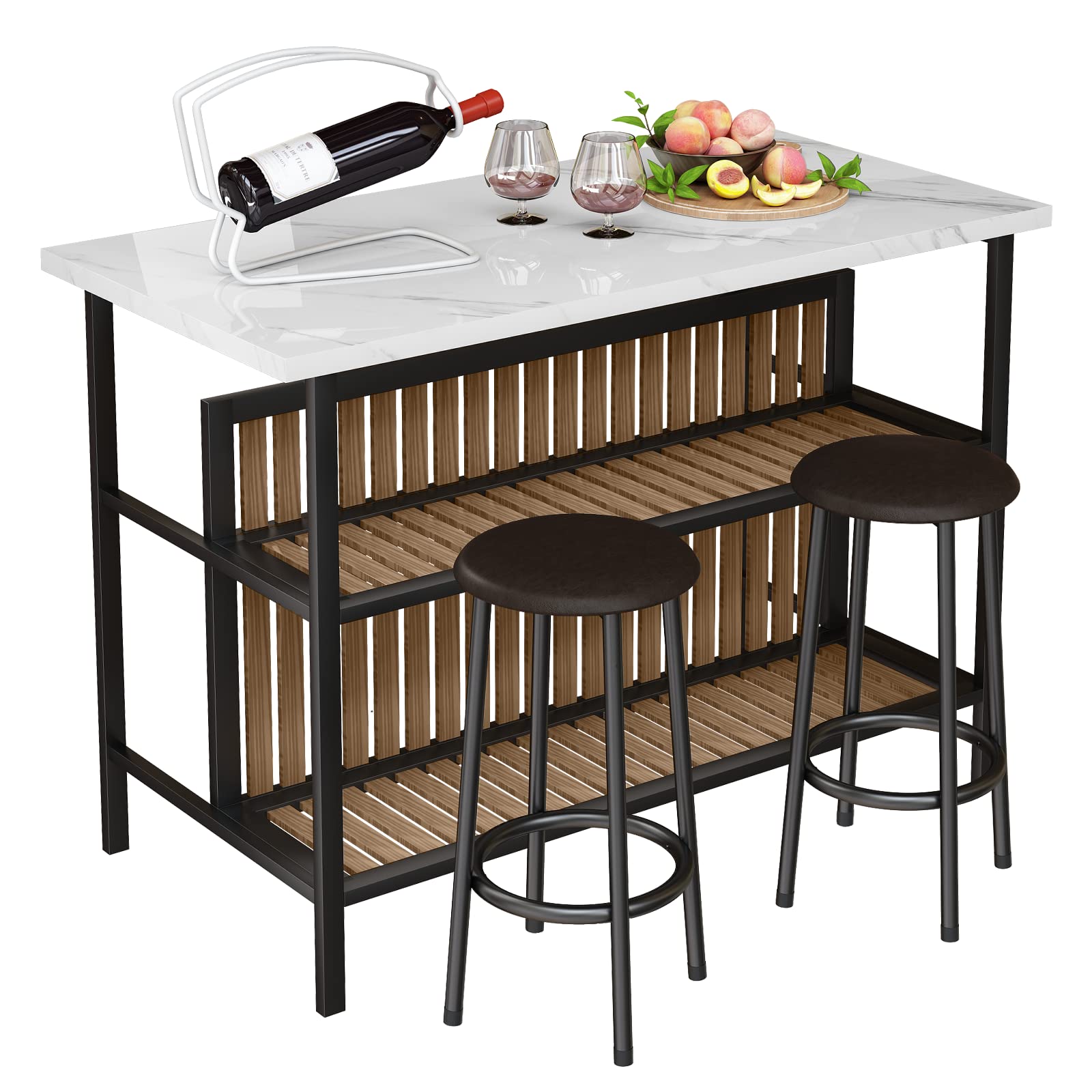 AWQM Isla de cocina con asiento y estante de almacenamiento, mesa de isla de mármol sintético para cocina, mesa de bar moderna y sillas para 2, juego de mesa de comedor para espacios pequeños, color