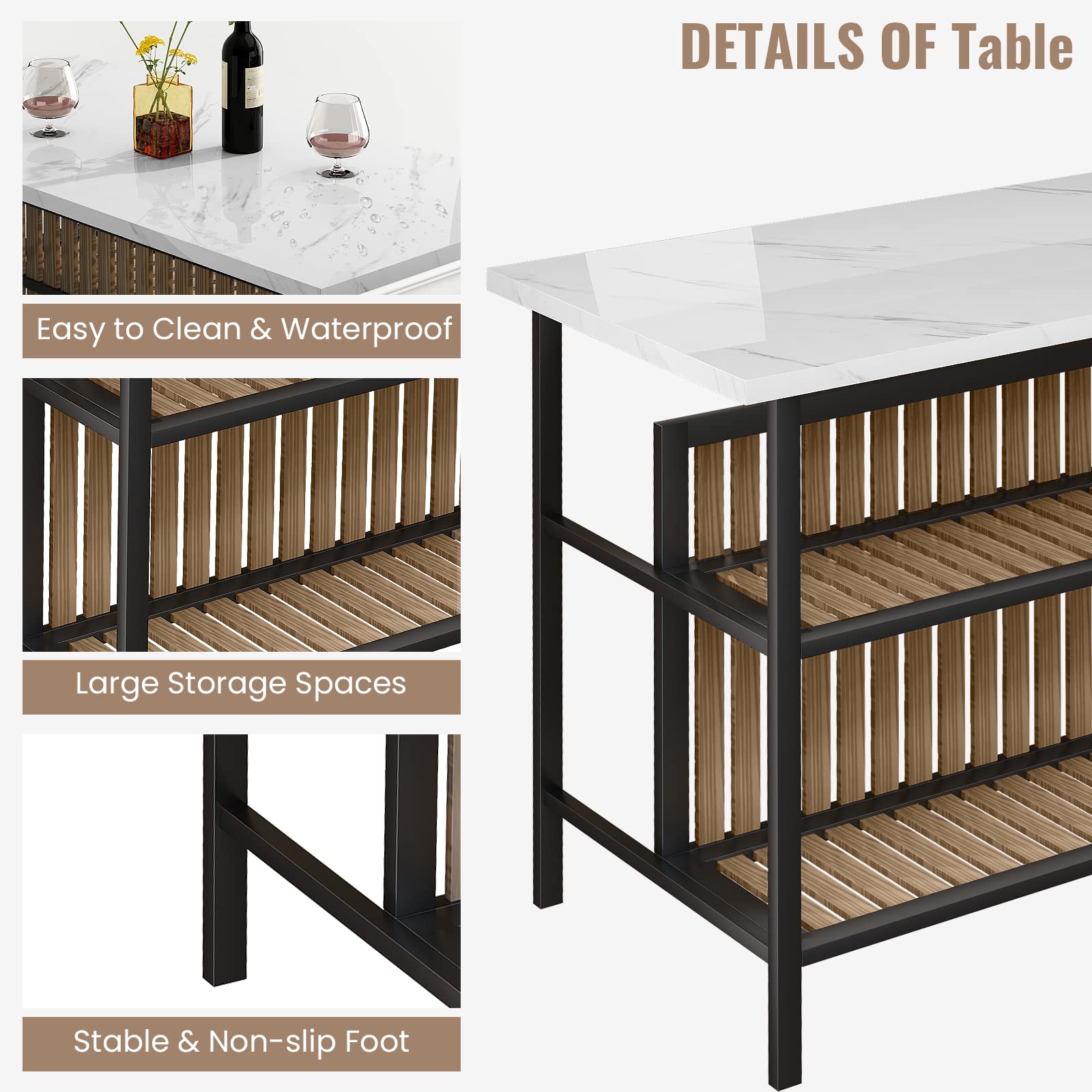 AWQM Isla de cocina con asiento y estante de almacenamiento, mesa de isla de mármol sintético para cocina, mesa de bar moderna y sillas para 2, juego de mesa de comedor para espacios pequeños, color