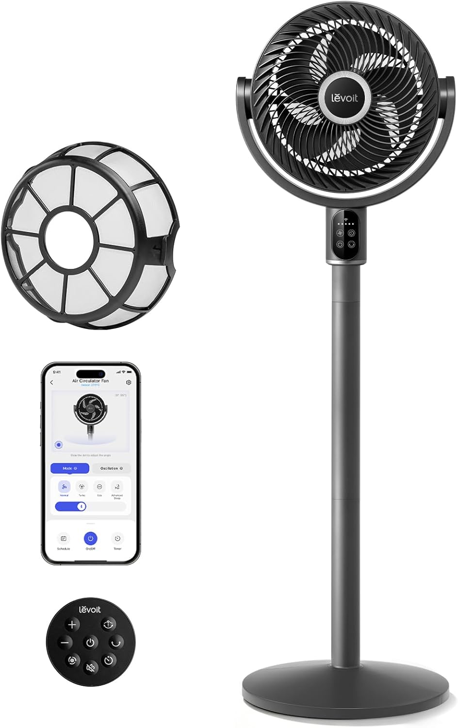 Levoit Ventilador de pie para dormitorio, CirculAir oscilante de 120°, silencioso 20dB, 9 velocidades, 4 modos, motor de CC, pedestal y mesa 2 en 1, 82 pies, control remoto, sensor, temporizador de 9H