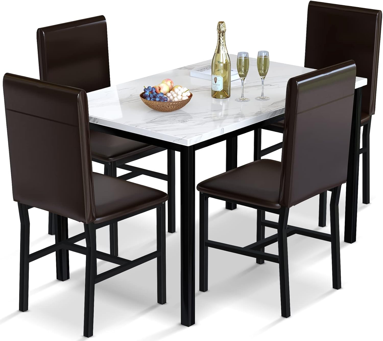 AWQM Isla de cocina con asiento y estante de almacenamiento, mesa de isla de mármol sintético para cocina, mesa de bar moderna y sillas para 2, juego de mesa de comedor para espacios pequeños, color