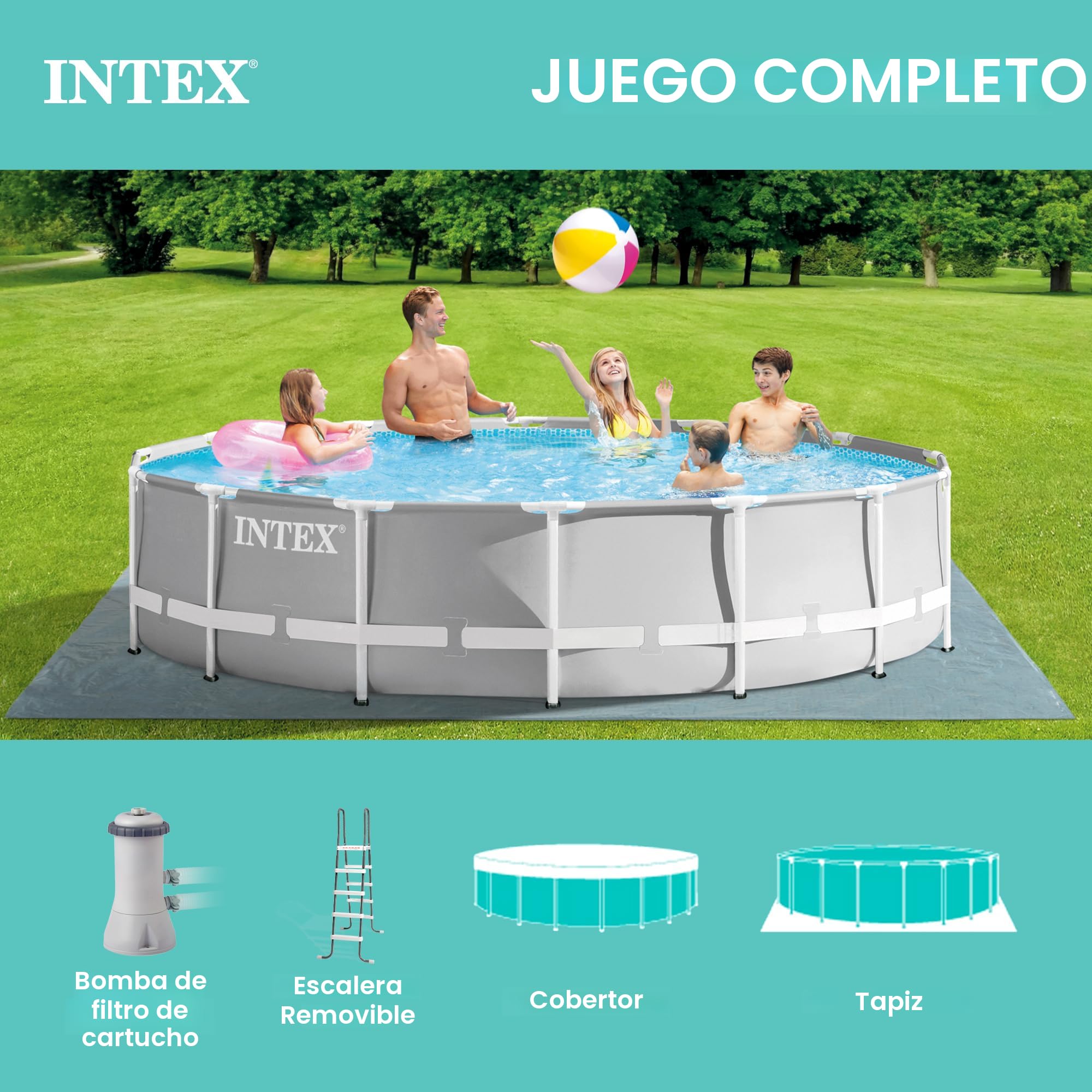 Intex 26723EH Set de piscina con marco en forma de prisma Premium sobre el suelo: 15 pies x 42 pulgadas – Incluye bomba de filtro de cartucho de 1000 GPH – Escalera removible – Cobertor de piscina