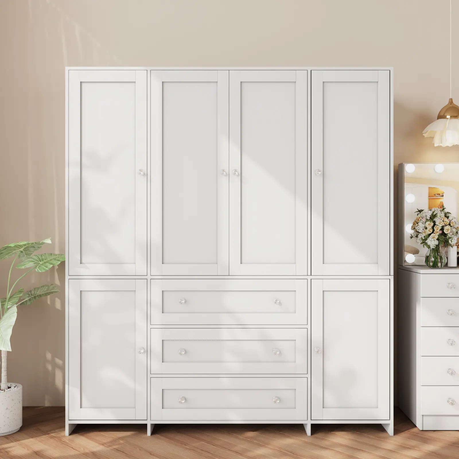 Armario alto de madera de 4 puertas para dormitorio, organizador con amplios cajones, espejo, barras para colgar ropa y estantes. Armario para guardar ropa en el dormitorio.