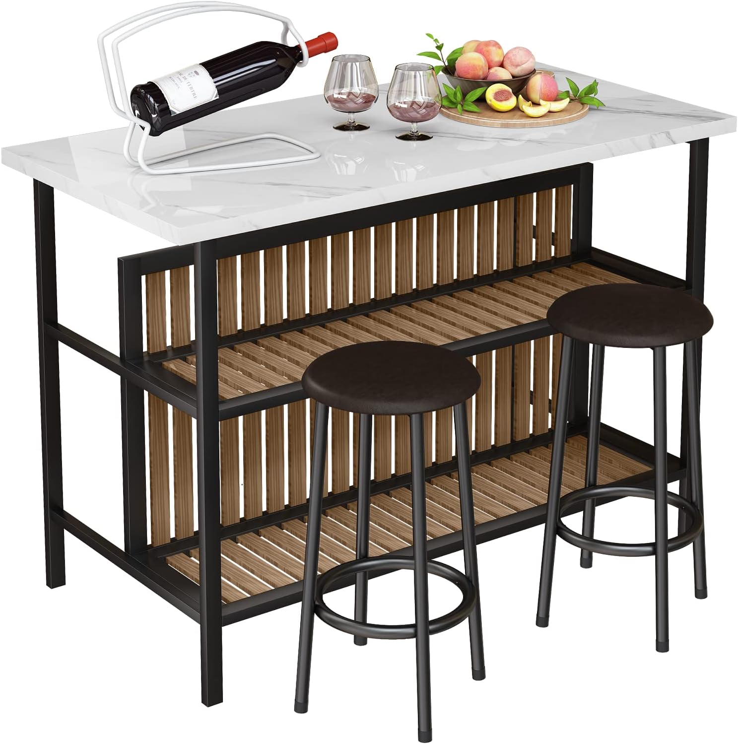 AWQM Isla de cocina con asiento y estante de almacenamiento, mesa de isla de mármol sintético para cocina, mesa de bar moderna y sillas para 2, juego de mesa de comedor para espacios pequeños, color