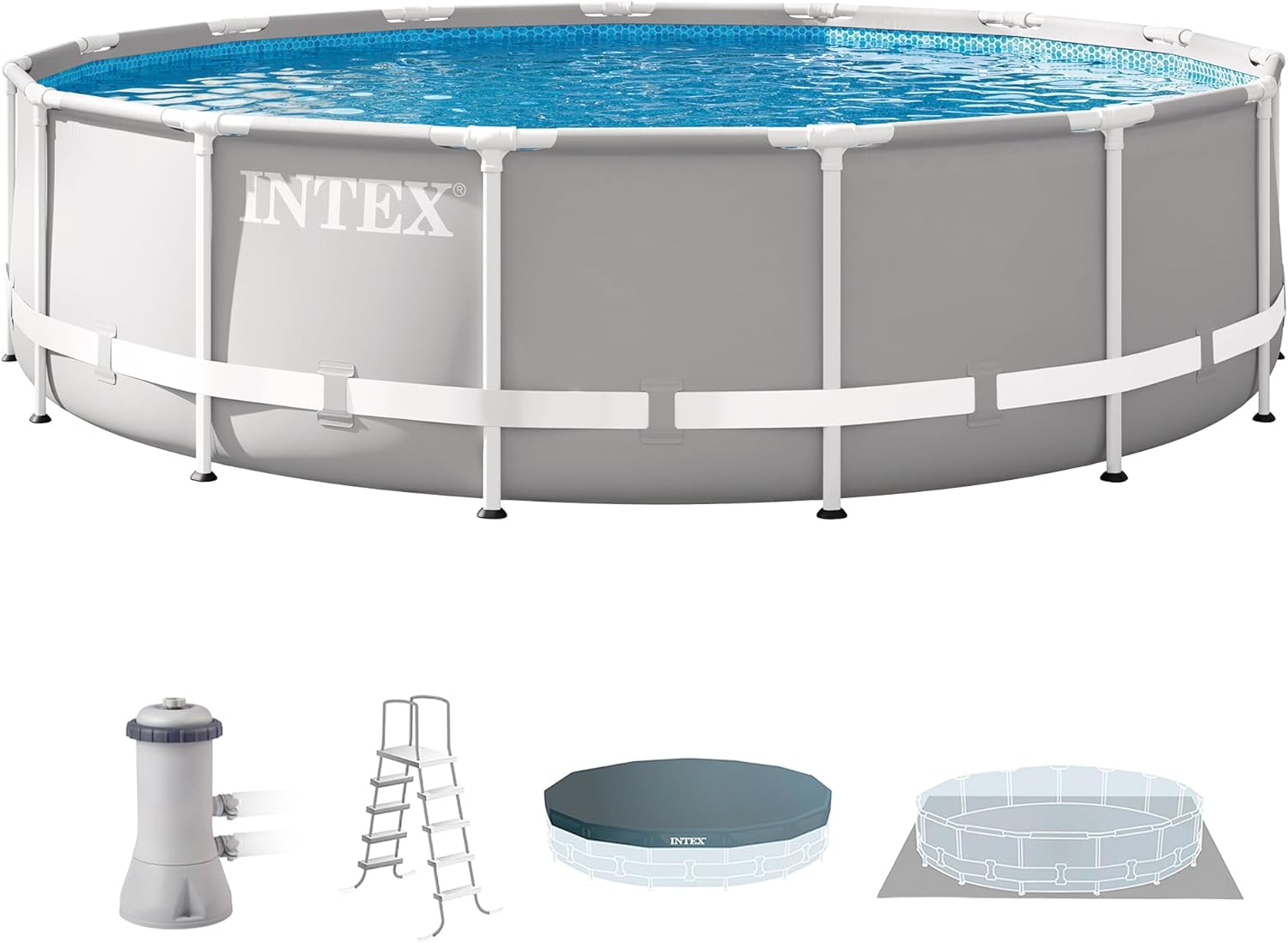Intex 26723EH Set de piscina con marco en forma de prisma Premium sobre el suelo: 15 pies x 42 pulgadas – Incluye bomba de filtro de cartucho de 1000 GPH – Escalera removible – Cobertor de piscina