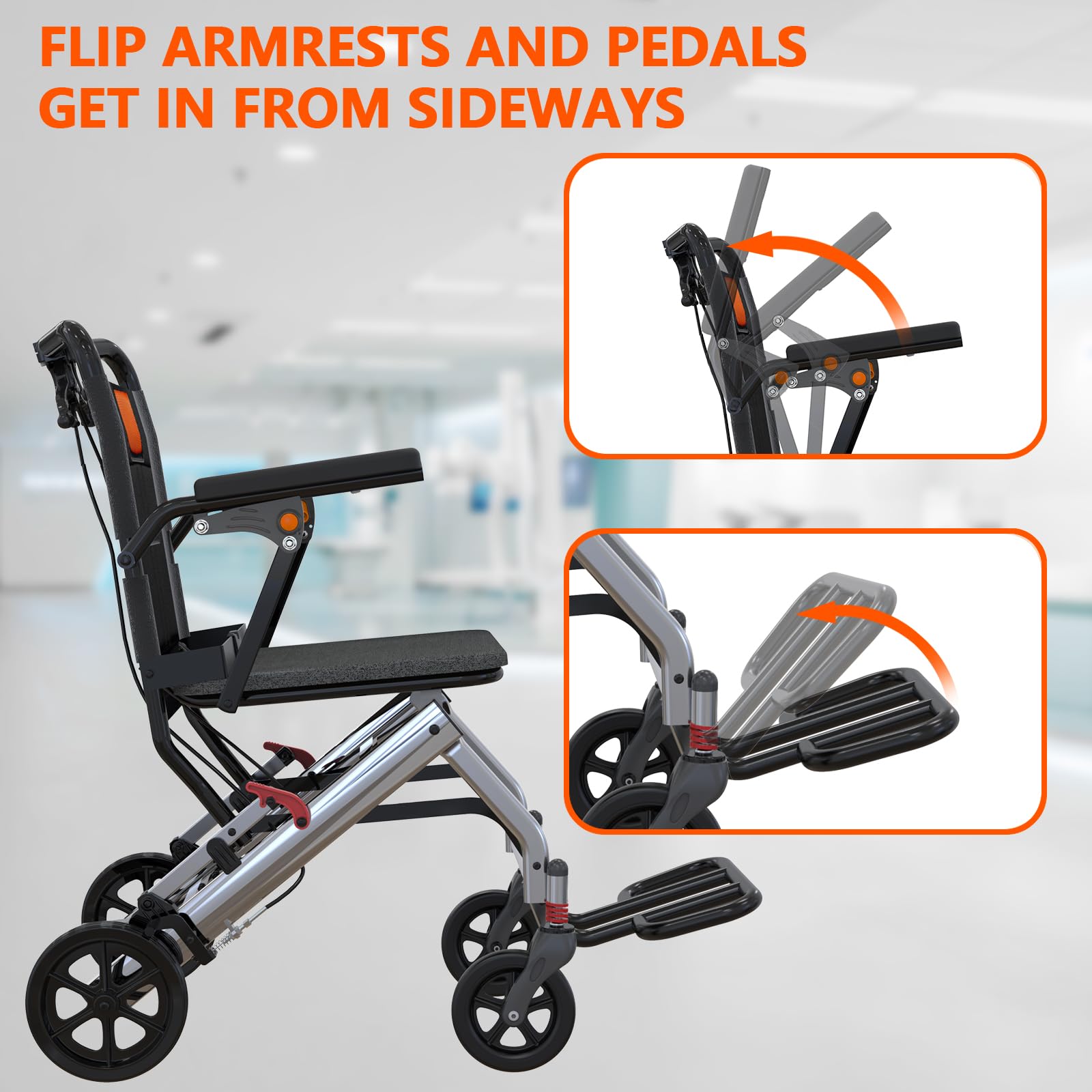 Silla de ruedas ultraligera para transporte de ancianos pesa solo 24 libras. Silla de transporte plegable portátil y ligera, con freno de mano con bloqueo, reposabrazos abatibles extraíbles, reposapiés oscilantes, soporta 220 libras.