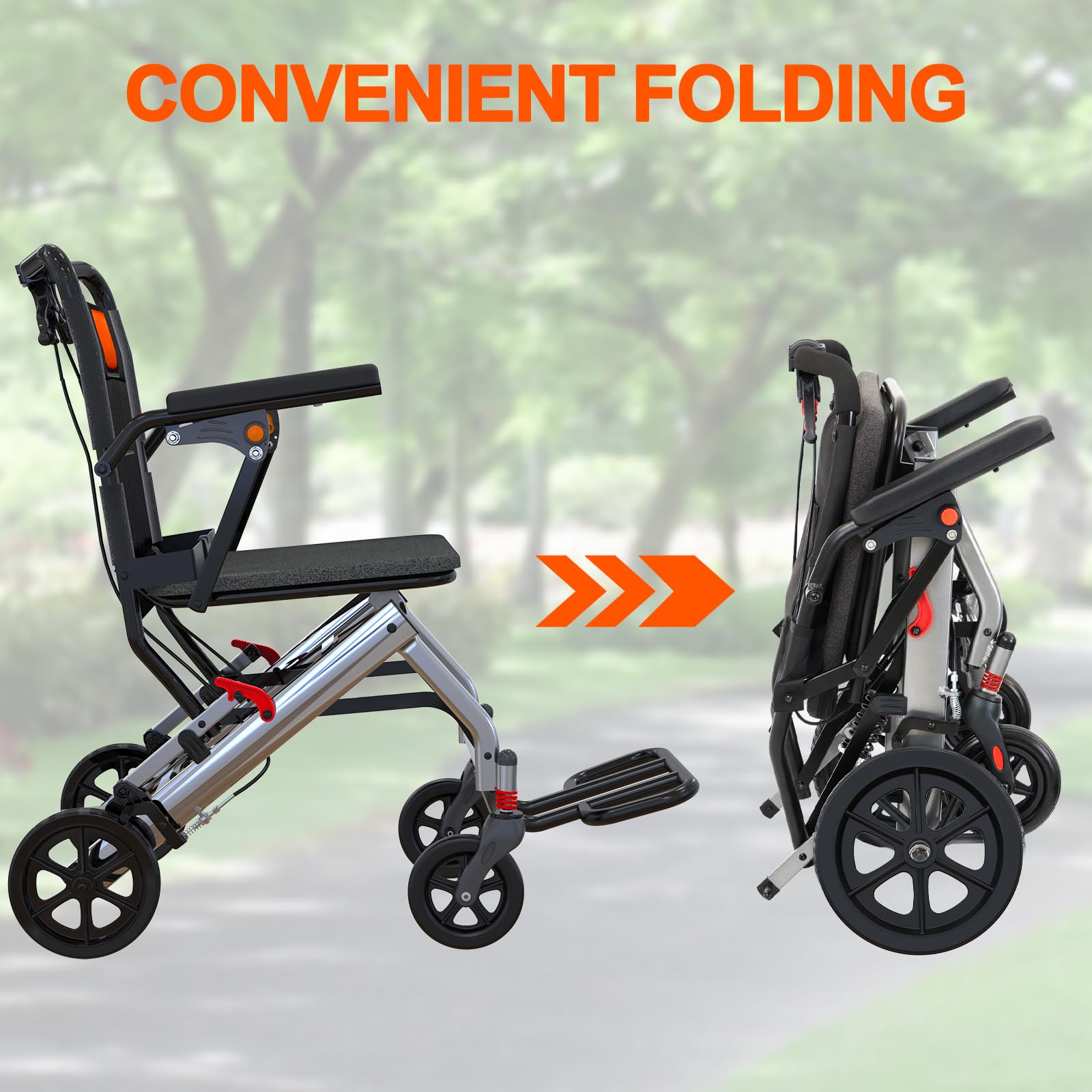 Silla de ruedas ultraligera para transporte de ancianos pesa solo 24 libras. Silla de transporte plegable portátil y ligera, con freno de mano con bloqueo, reposabrazos abatibles extraíbles, reposapiés oscilantes, soporta 220 libras.